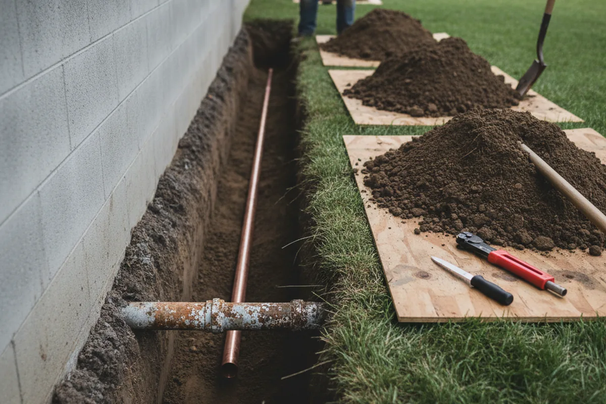 Excavated water line trench during Water Softener Installation in Franklin
